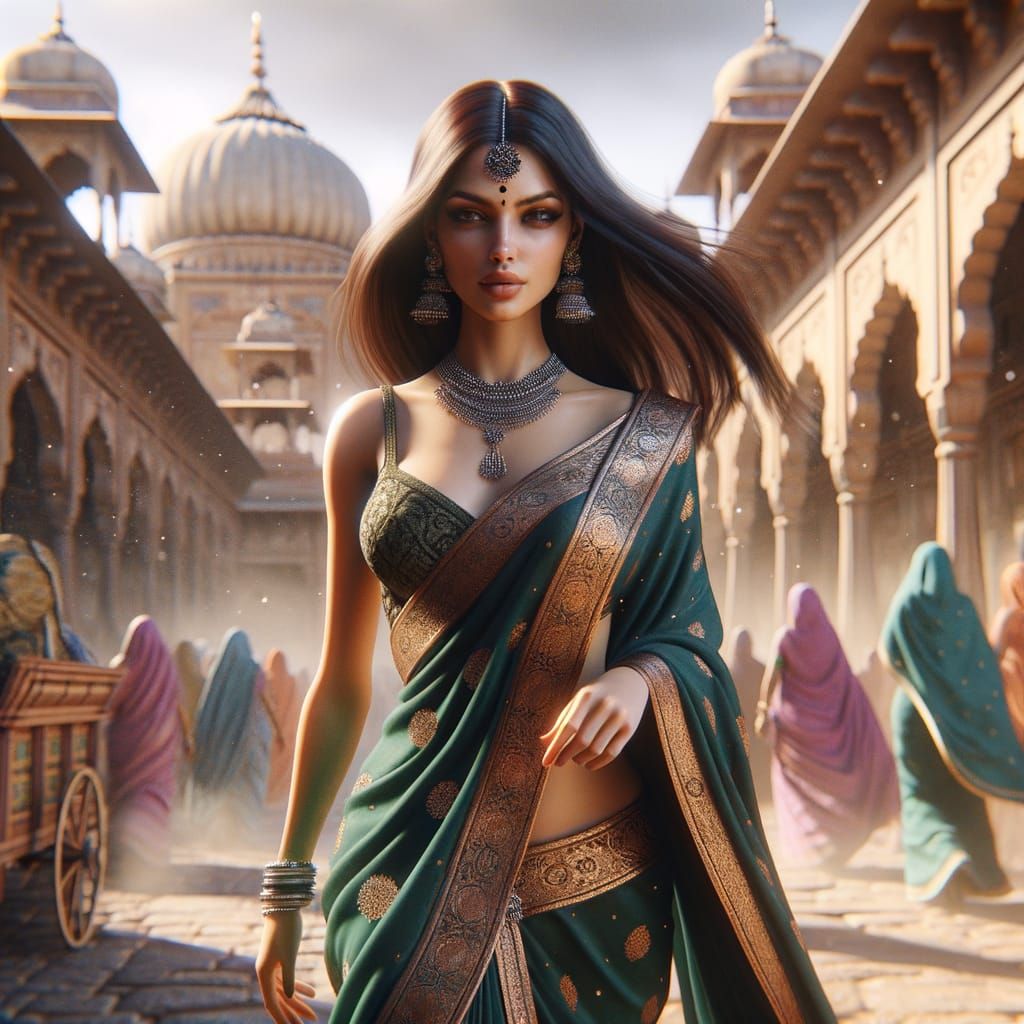 Indian Woman in Emerald Saree at Royal Bazaar