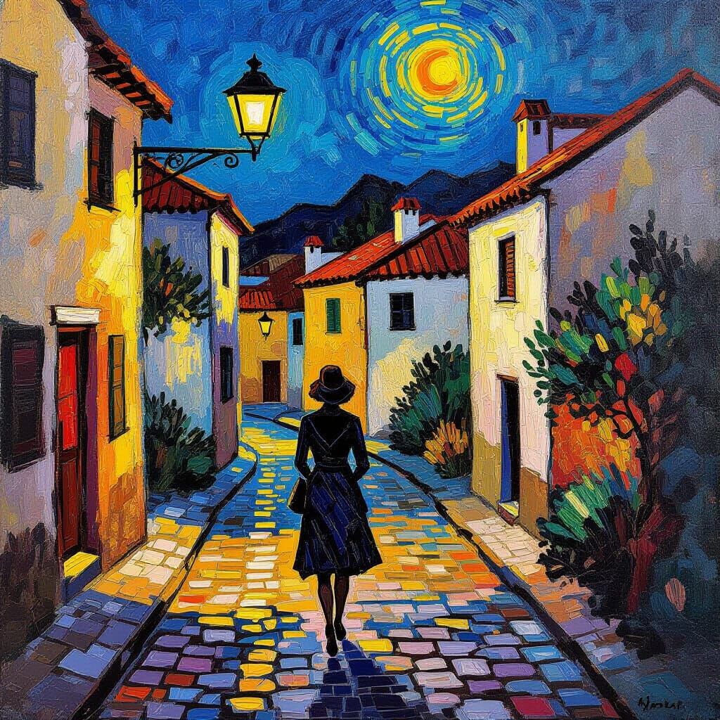 Woman Walks Cobblestone Path in Impasto Style