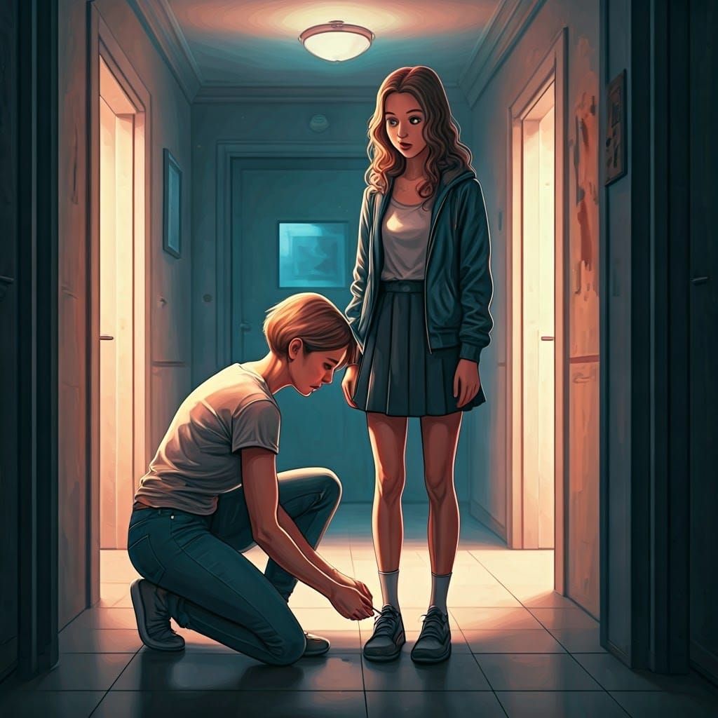 Tender Moment: Woman Ties Shoelace, Impressionistic Style