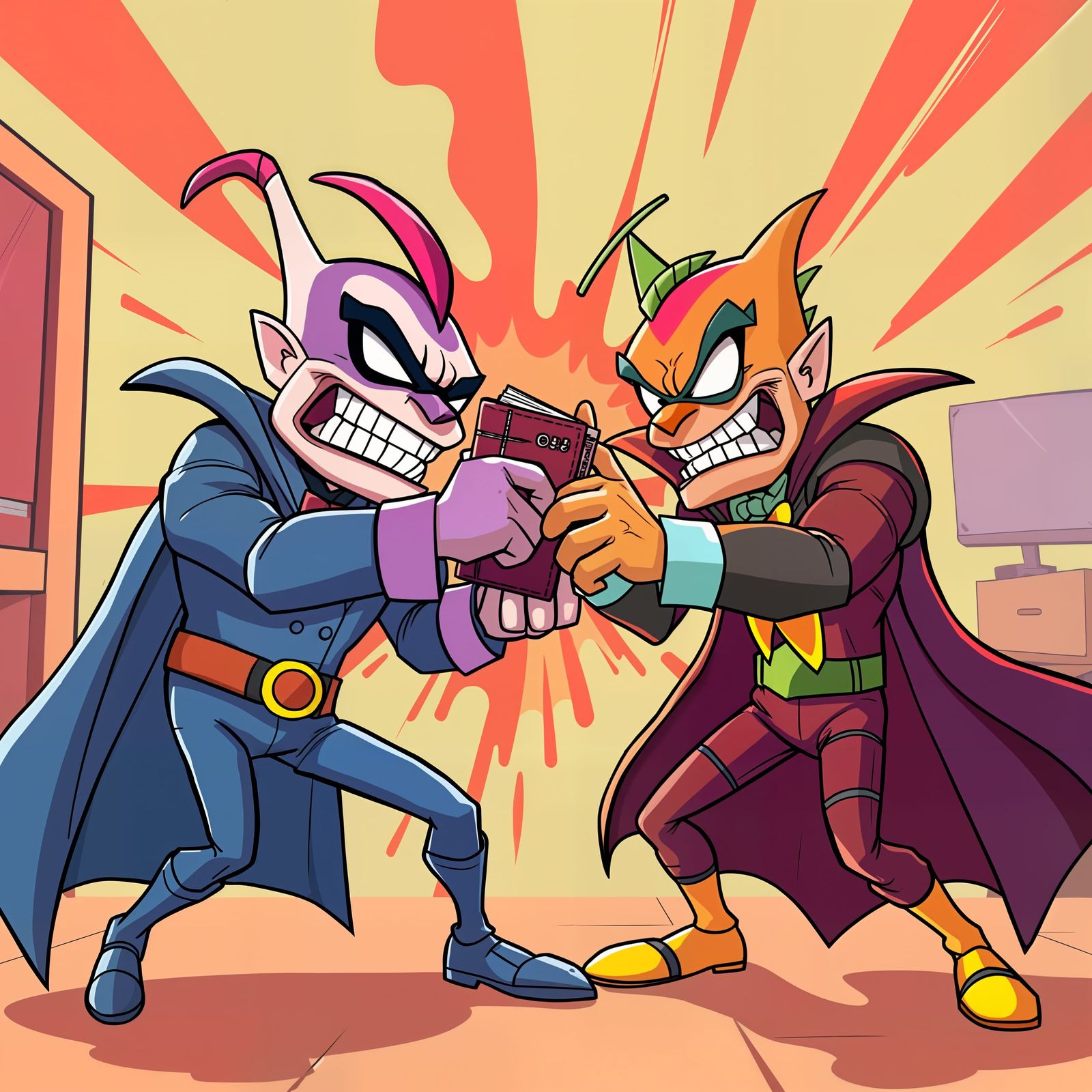 Cartoon Supervillains Stealing Wallets in 4K