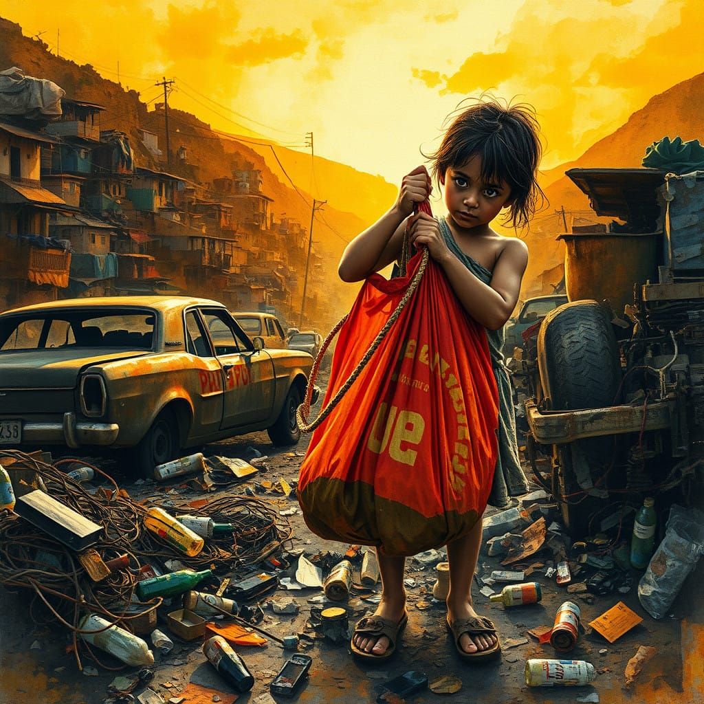 Young Girl Collects Trash in Vibrant Junkyard Scene