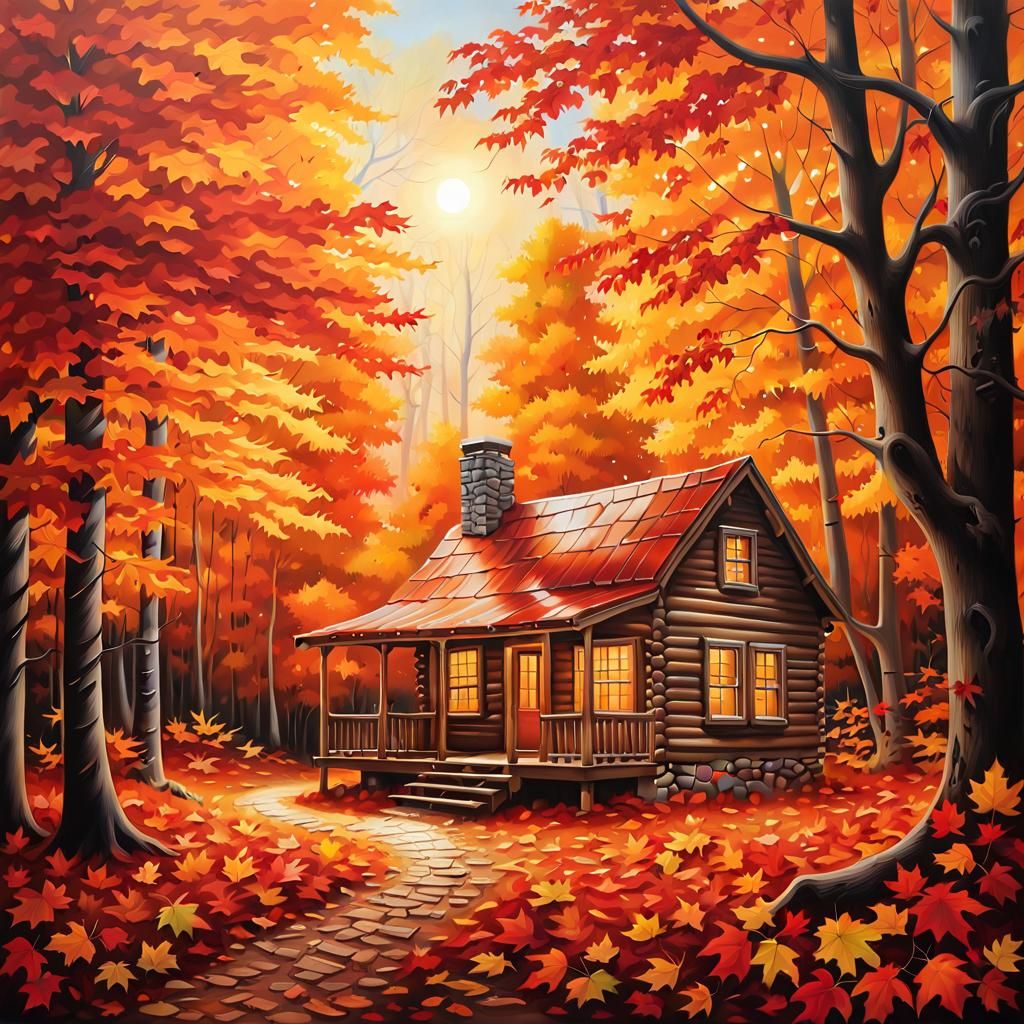 Autumn Cabin in Forest with Golden Light