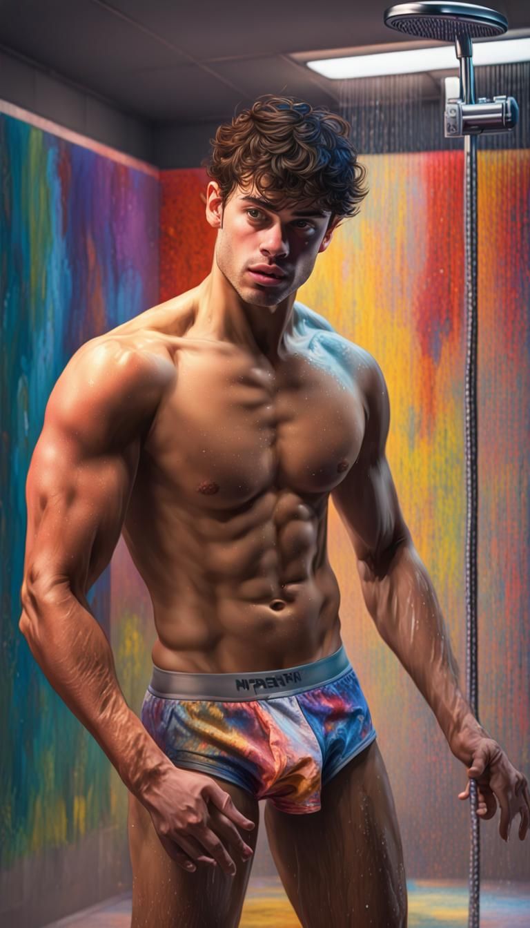 Hyperrealistic Selfie in Gym Shower, Impasto Art