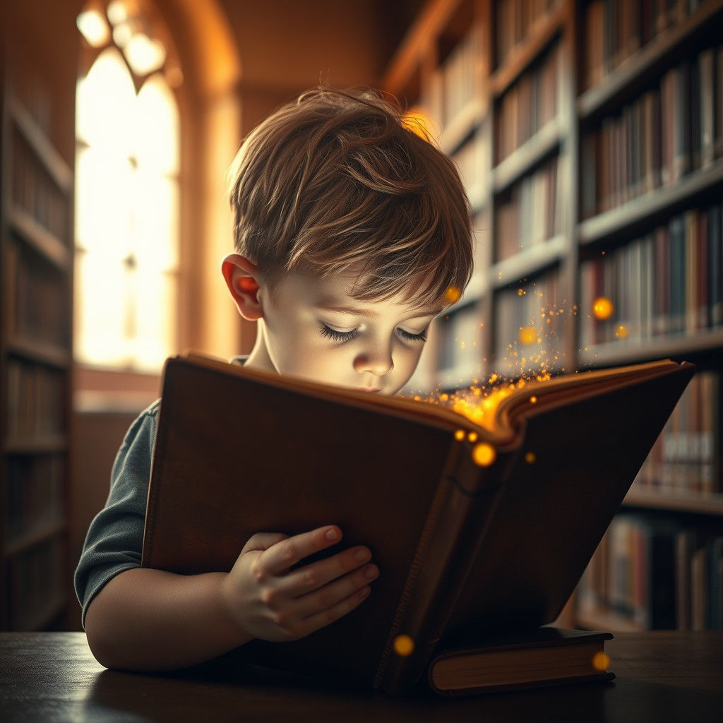 Serene Library Scene in Warm, Golden Light