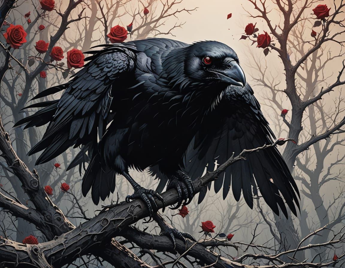 Gothic Crow with Thorns and Crimson Eyes Perched on Rotten T...