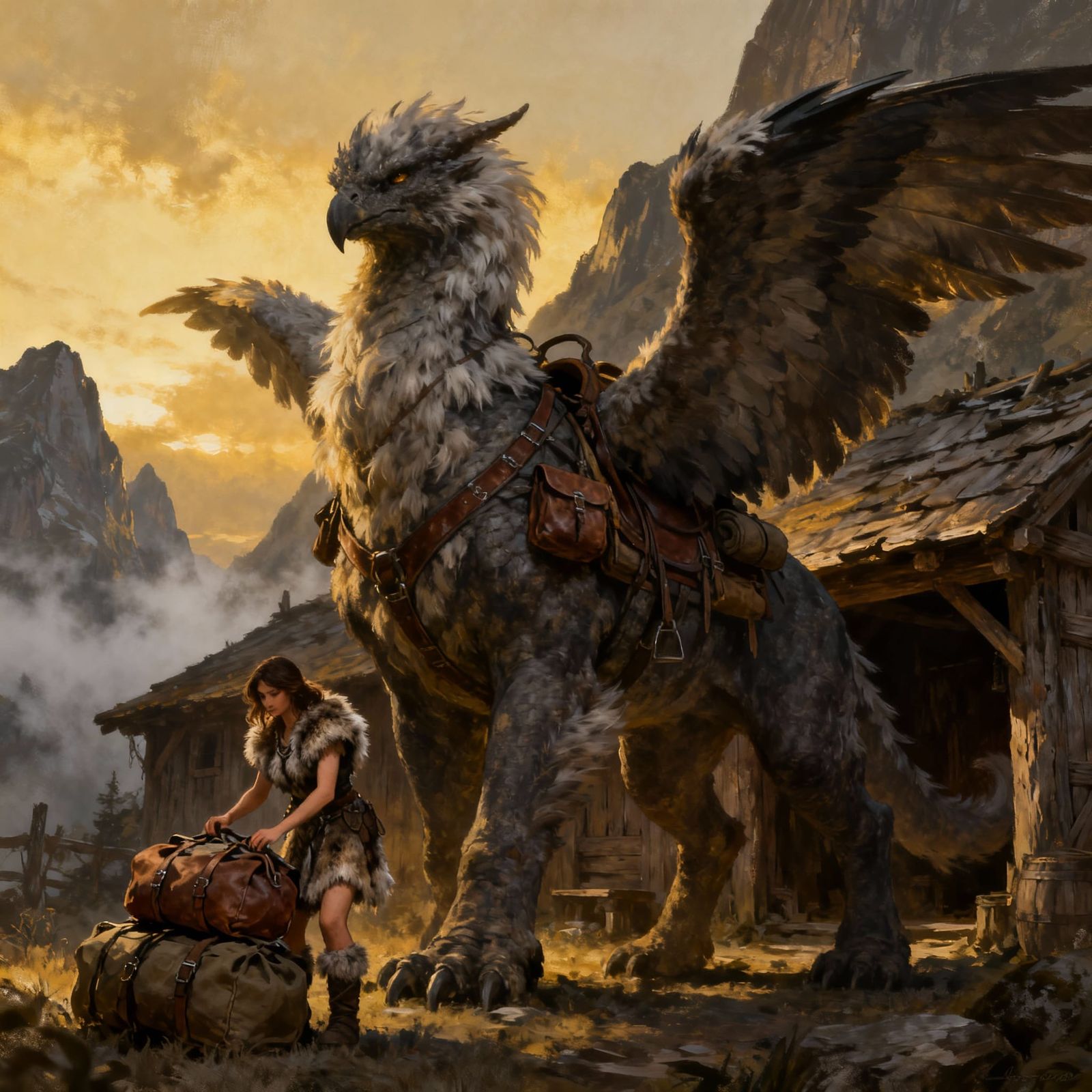 Fantasy Creature and Traveler Prepare for Journey