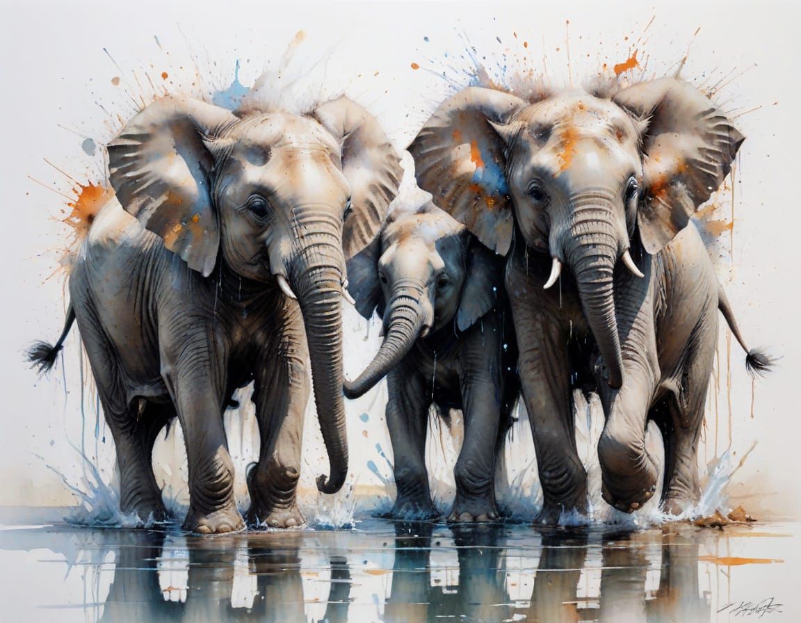 Baby Elephants Splashing: A Watercolour Masterpiece