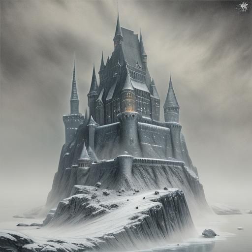 Icy Fortress in Frozen Wasteland, Dark Surrealism