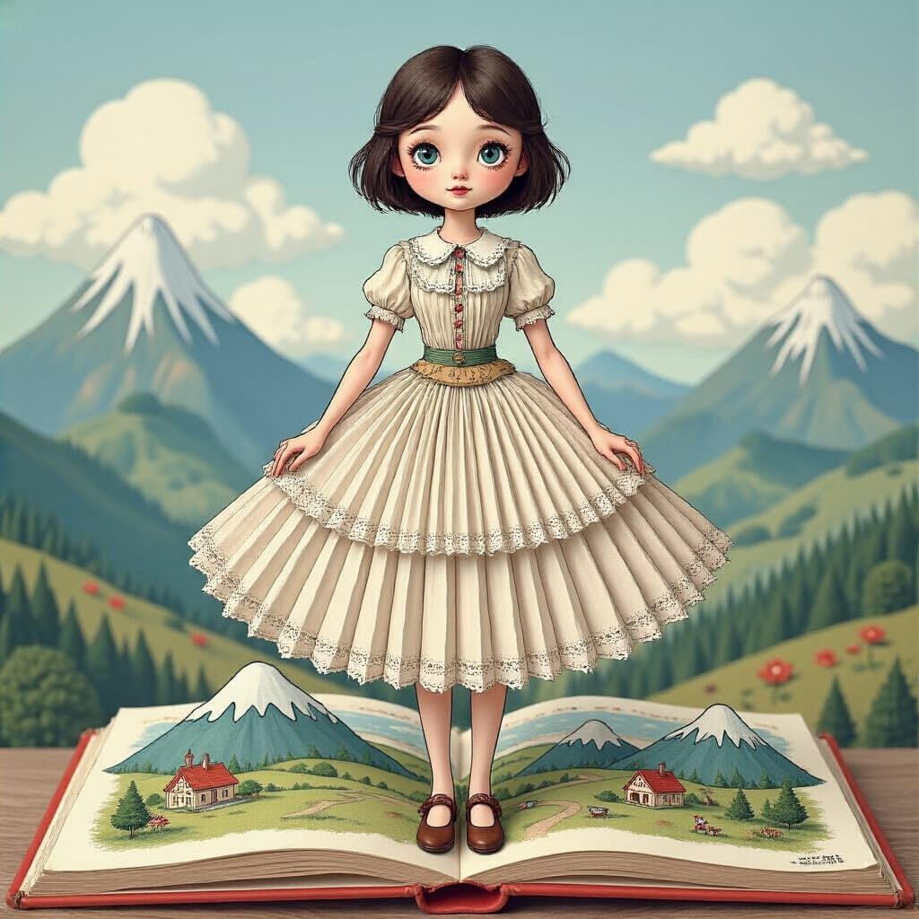 Heroine on Pop-Up Book Page with Ink Eyes and Pleated Skirt