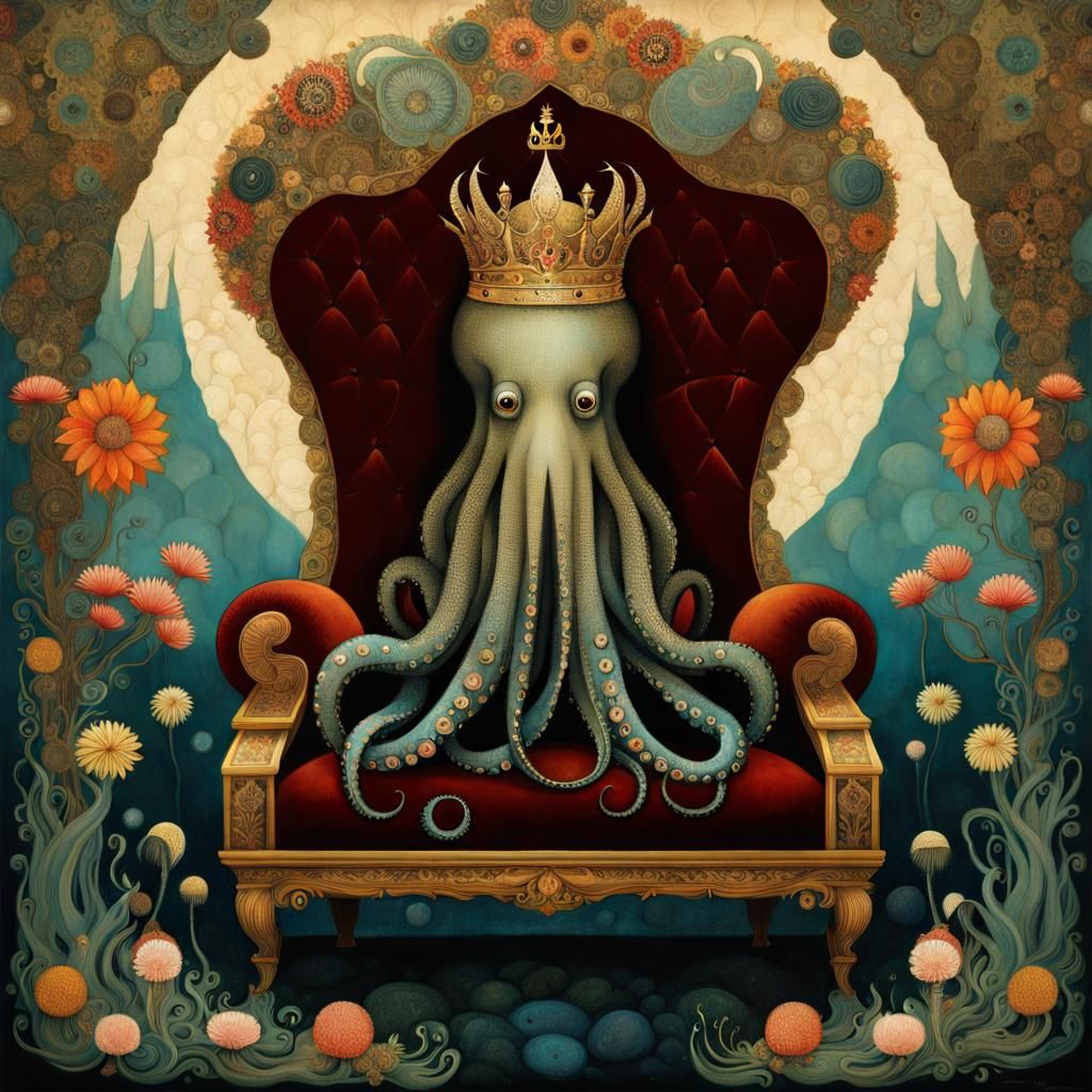 Octopus King on Throne in Encaustic Folk Art