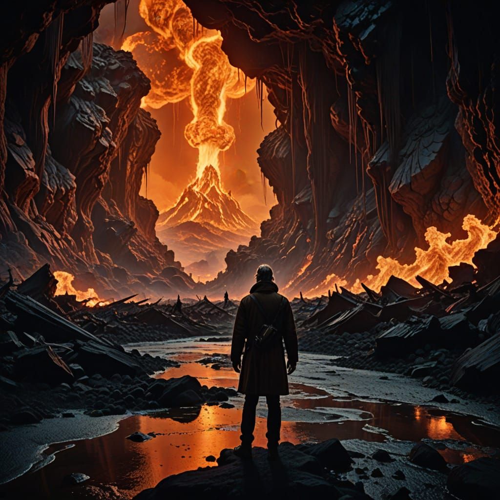 Lone Figure Amidst Swirling Lava in Golden Light