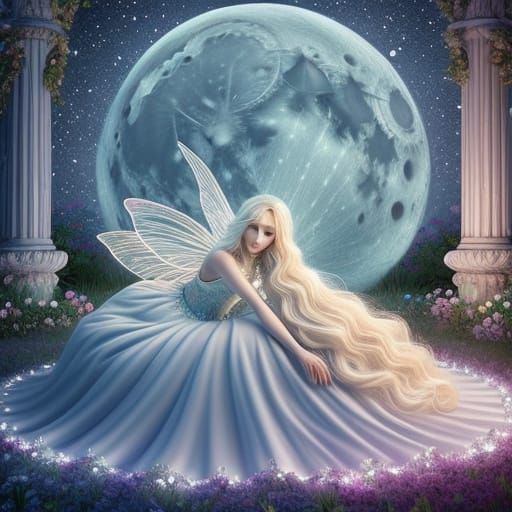 Night Fairy on Crescent Moon in a Vibrant Fairy Tale Style