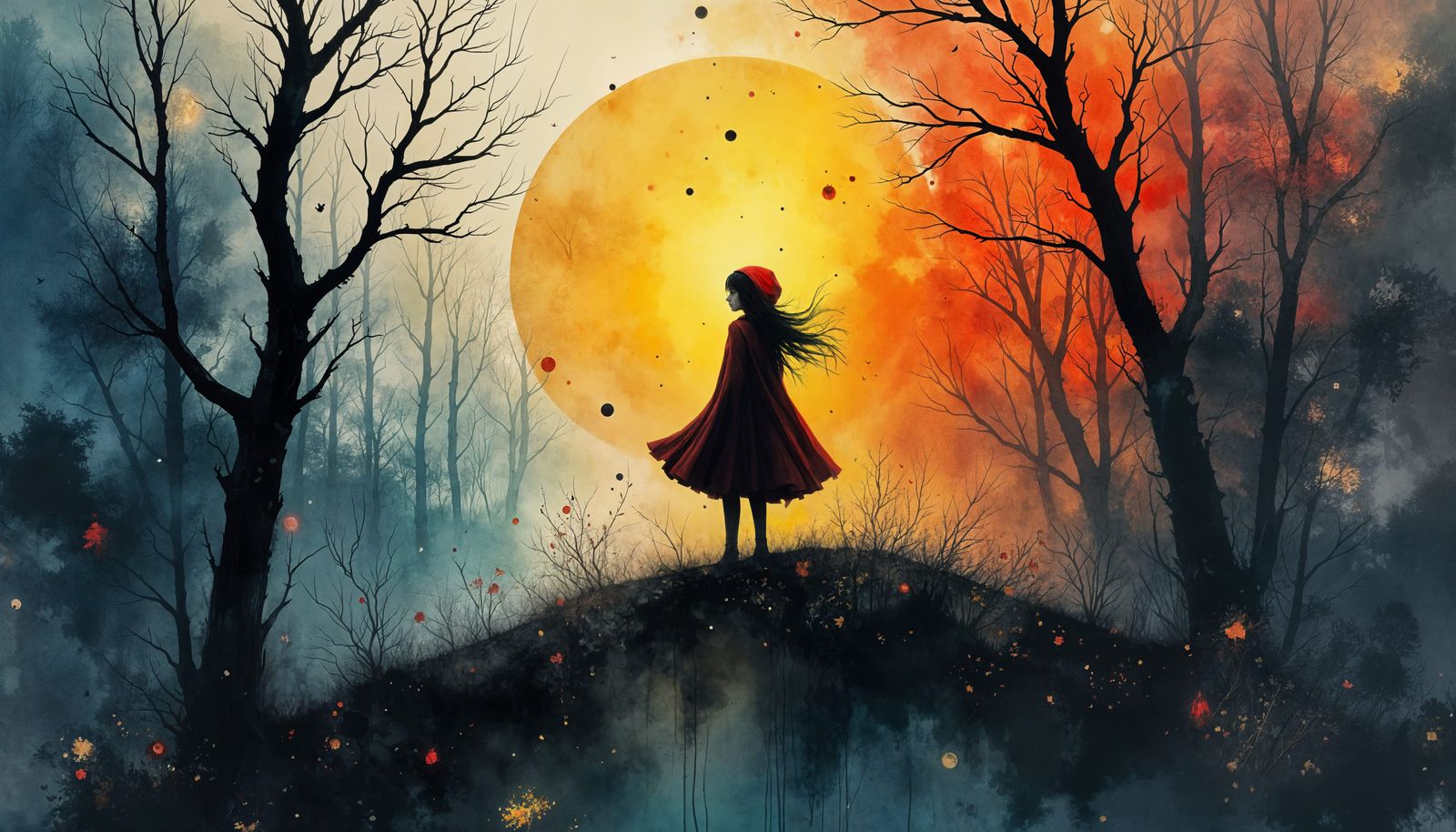 Little Red Riding Hood Silhouette in Misty Forest Digital Pa...