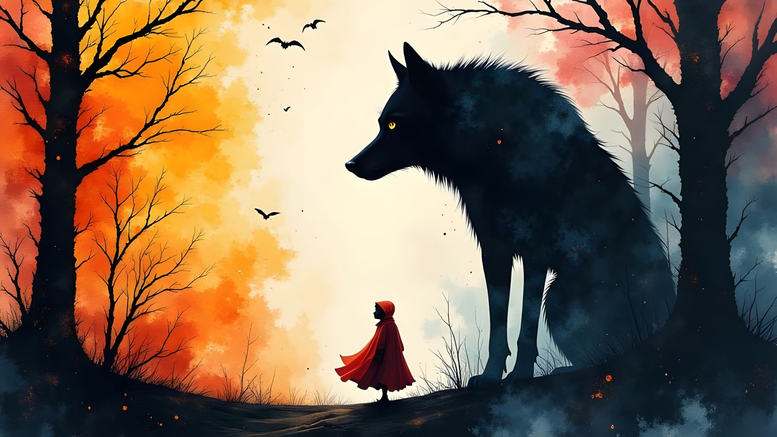 Little Red Riding Hood Silhouette in Misty Forest