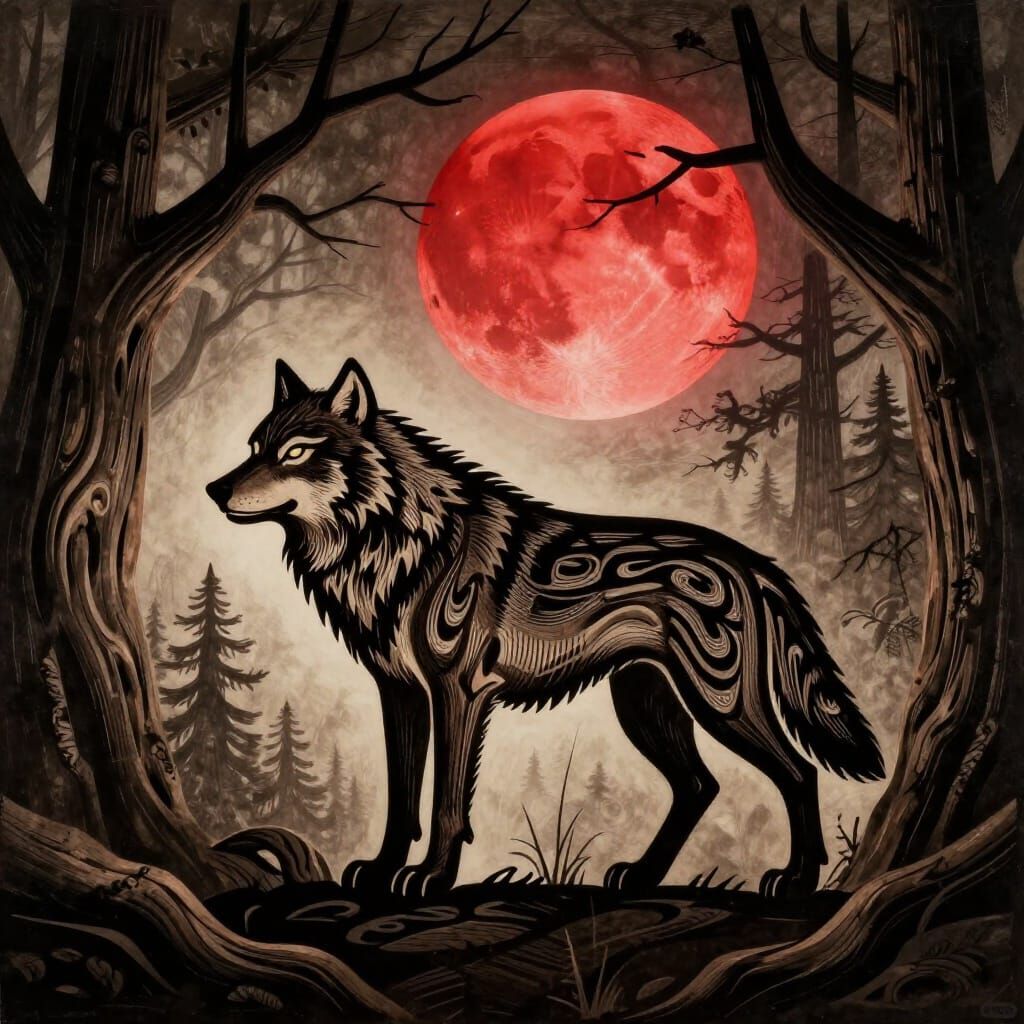 Lone Wolf Under Blood Moon in Squamish Art Style