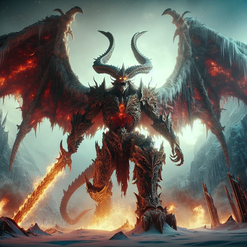 Infernal Demon in Iced Armor: Hyperrealistic Wide Angle