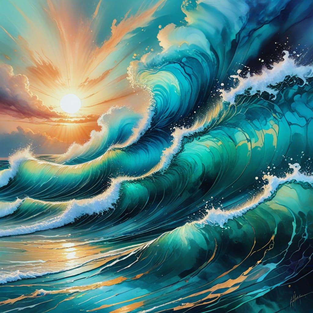 Iridescent Ocean Waves in Alcohol Ink Style