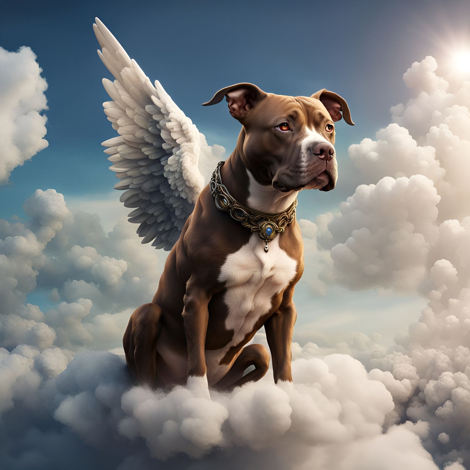Pit Bull with Angel Wings on Cloud