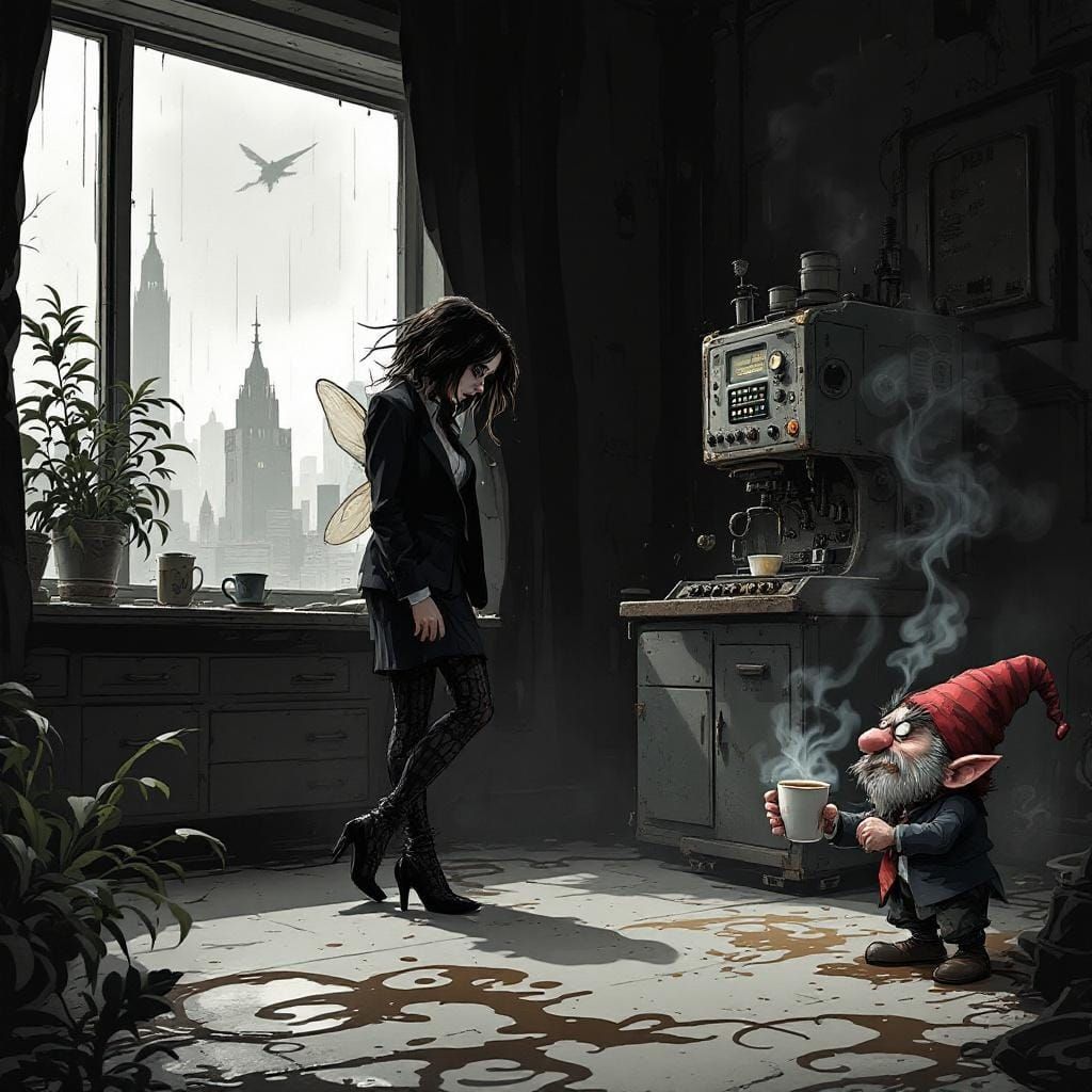 Weary Fairy and Gnome in Burtonesque Office Break Room