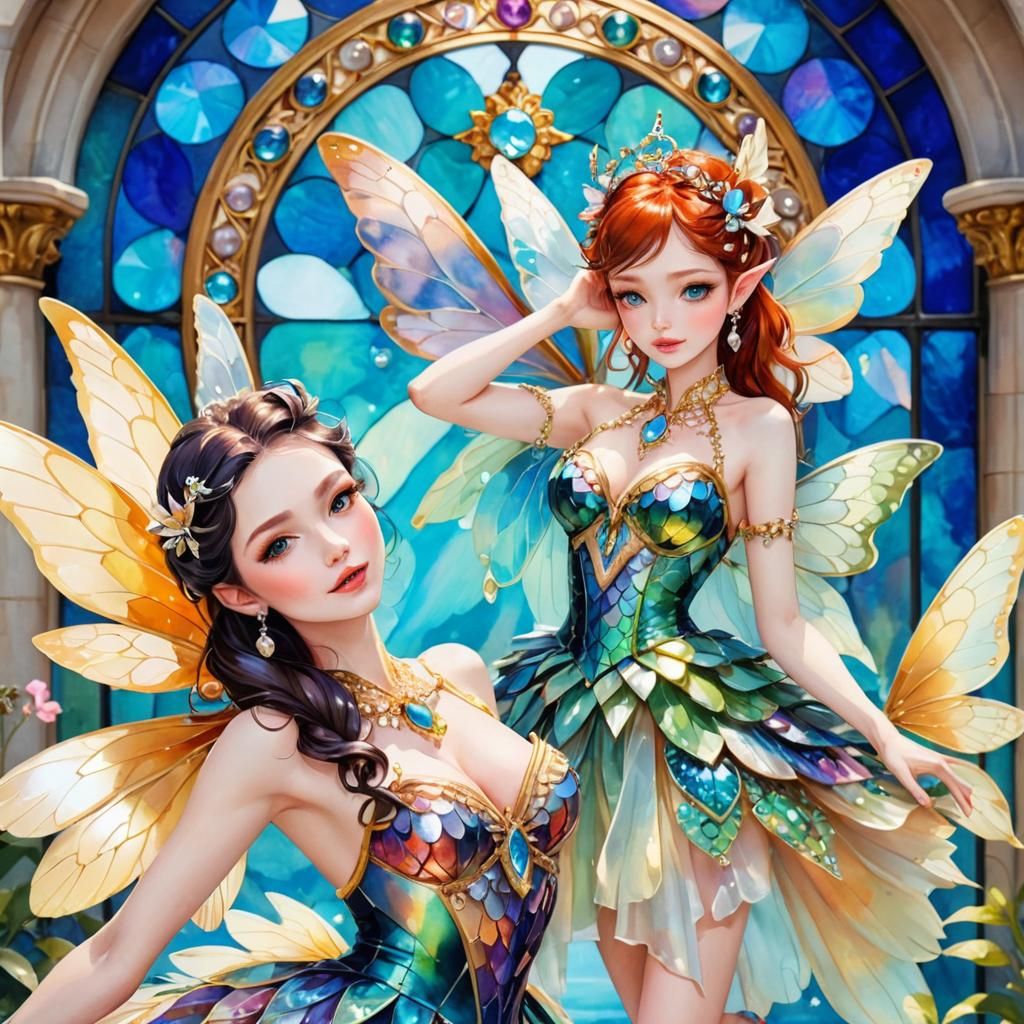 Kawaii Fairies with Opalescent Wings in Anime Style