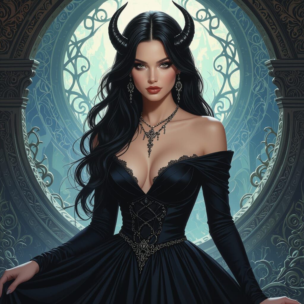 Hyperrealistic Demoness Portrait in Mystical Realm