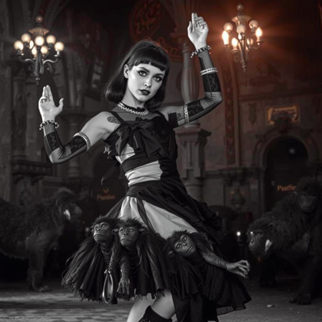 Goth Model With Giant Apes in Dramatic B&W Photography