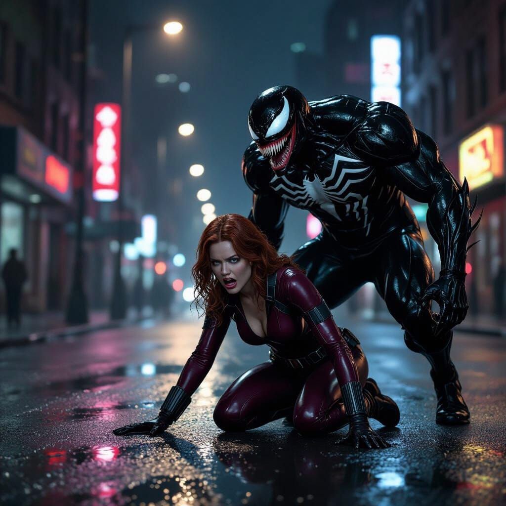 Black Widow Terrified By Venom In Realistic Street Scene
