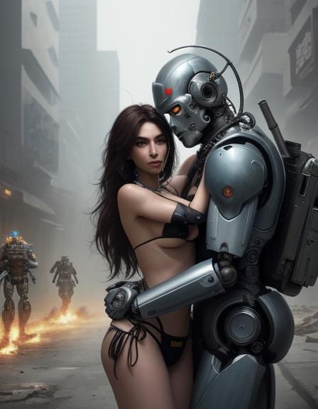 Woman and Warrior Bot in Cyberpunk Embrace