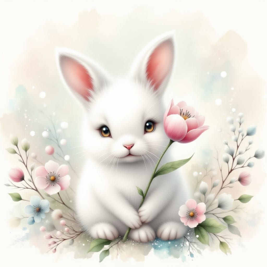Whimsical White Rabbit with Springtime Tulip in Misty Forest