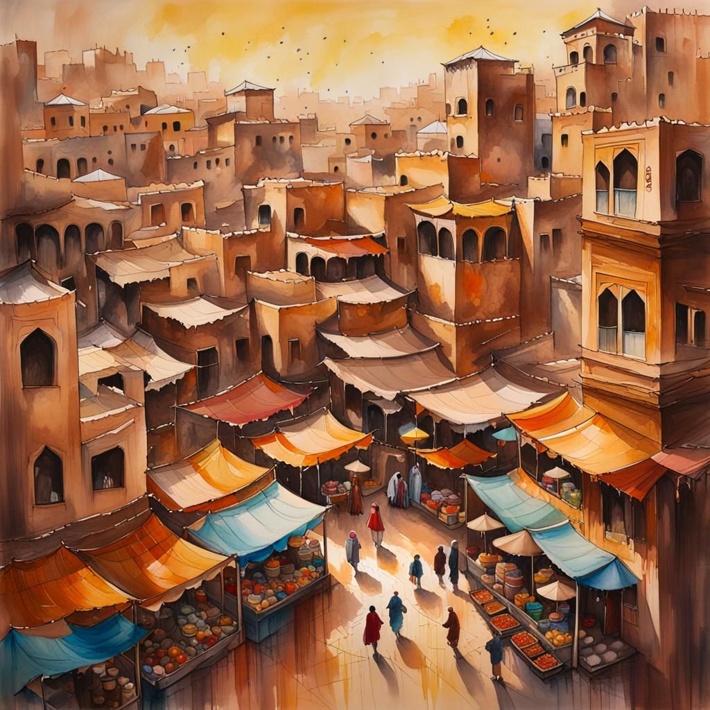 Vibrant Casbah Cityscape in Gouache