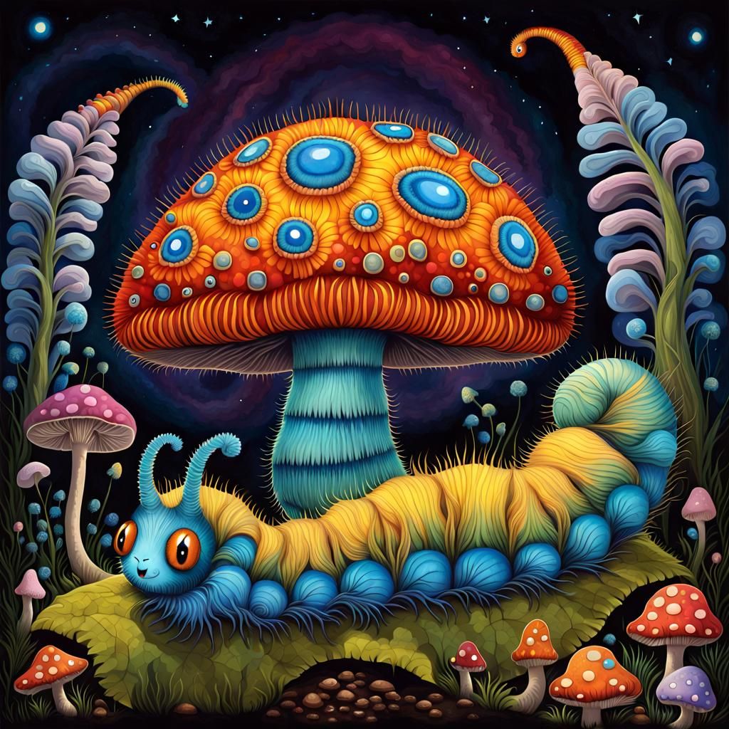 Psychedelic Caterpillar on Mushroom, Bioluminescent Illustra...