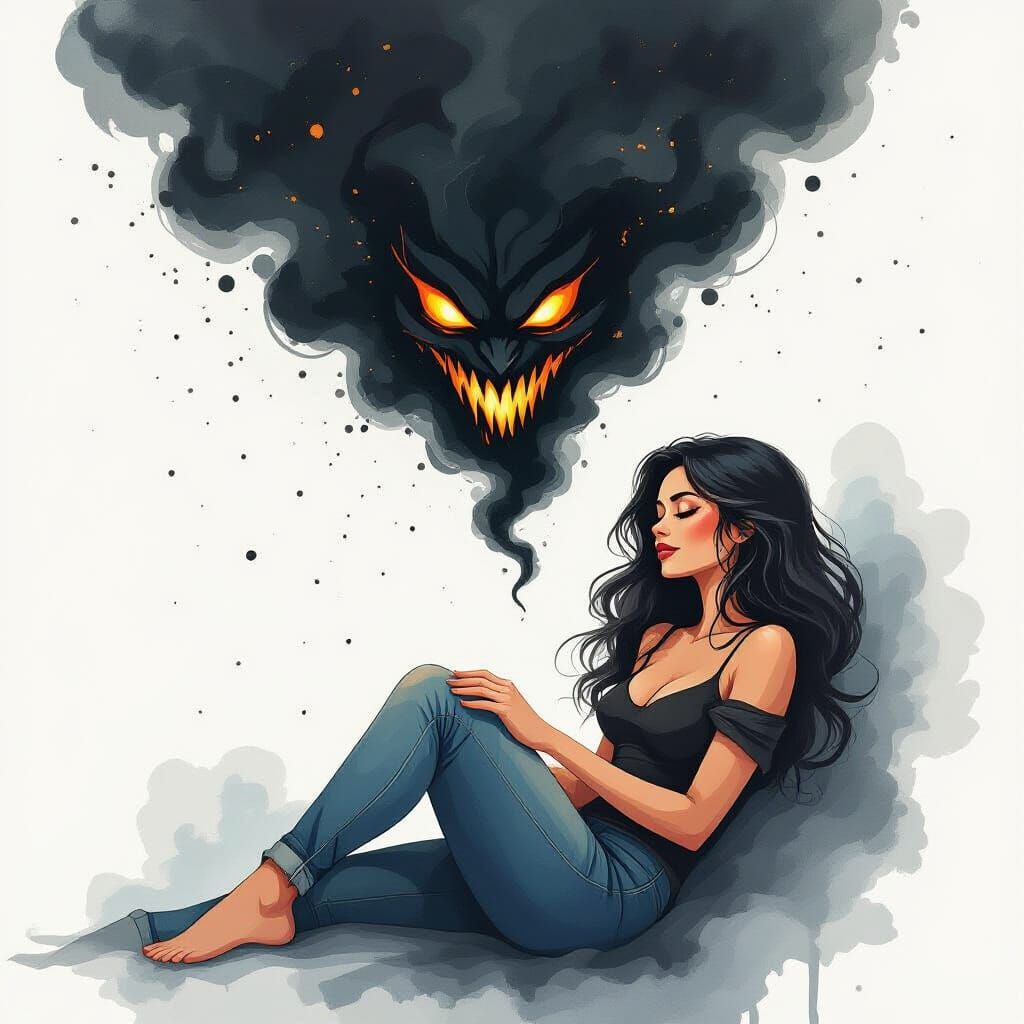 Confident Woman Faces Inner Demons as Ink Splash Art