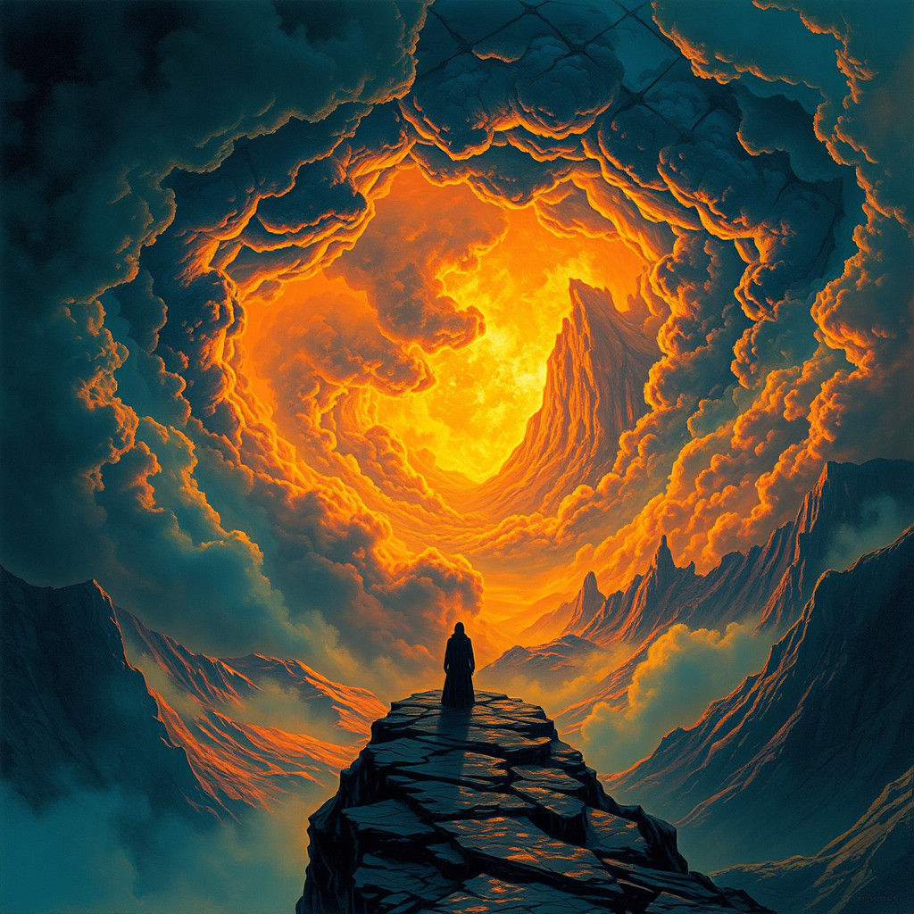 Mystical Realm with Fiery Clouds, Digital Art