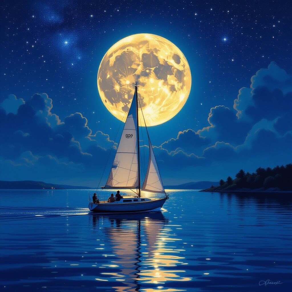 Sailboat on Moonlit Waters in Impasto Style