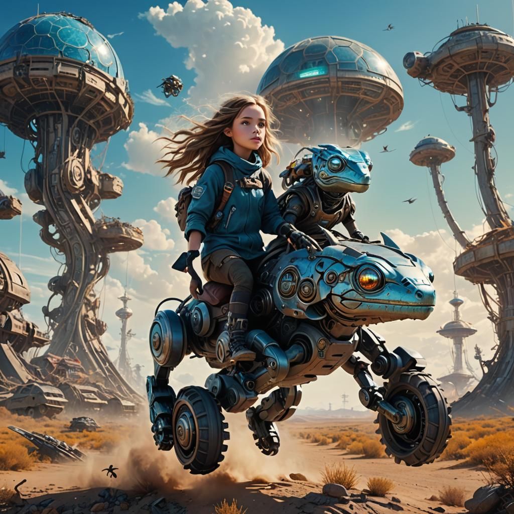 Girl Rides Robot Lizard Across Post-Apocalyptic Landscape