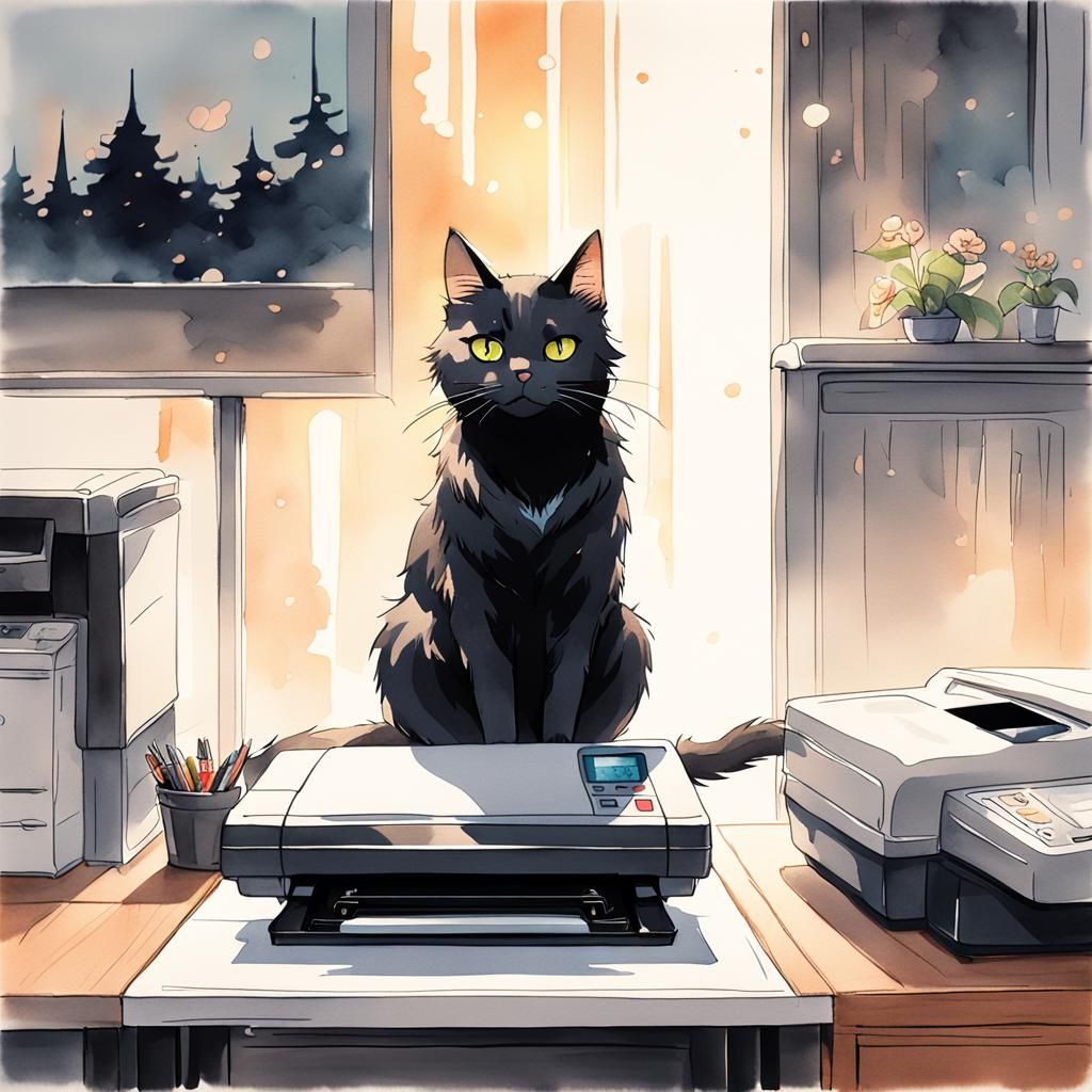 Watercolor Anime Cat in Office Scene