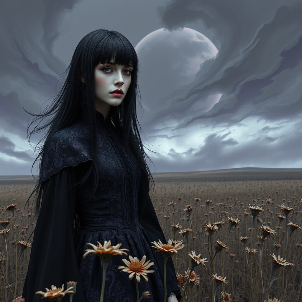 Gothic Woman in Windswept Field, Hyperrealistic Style