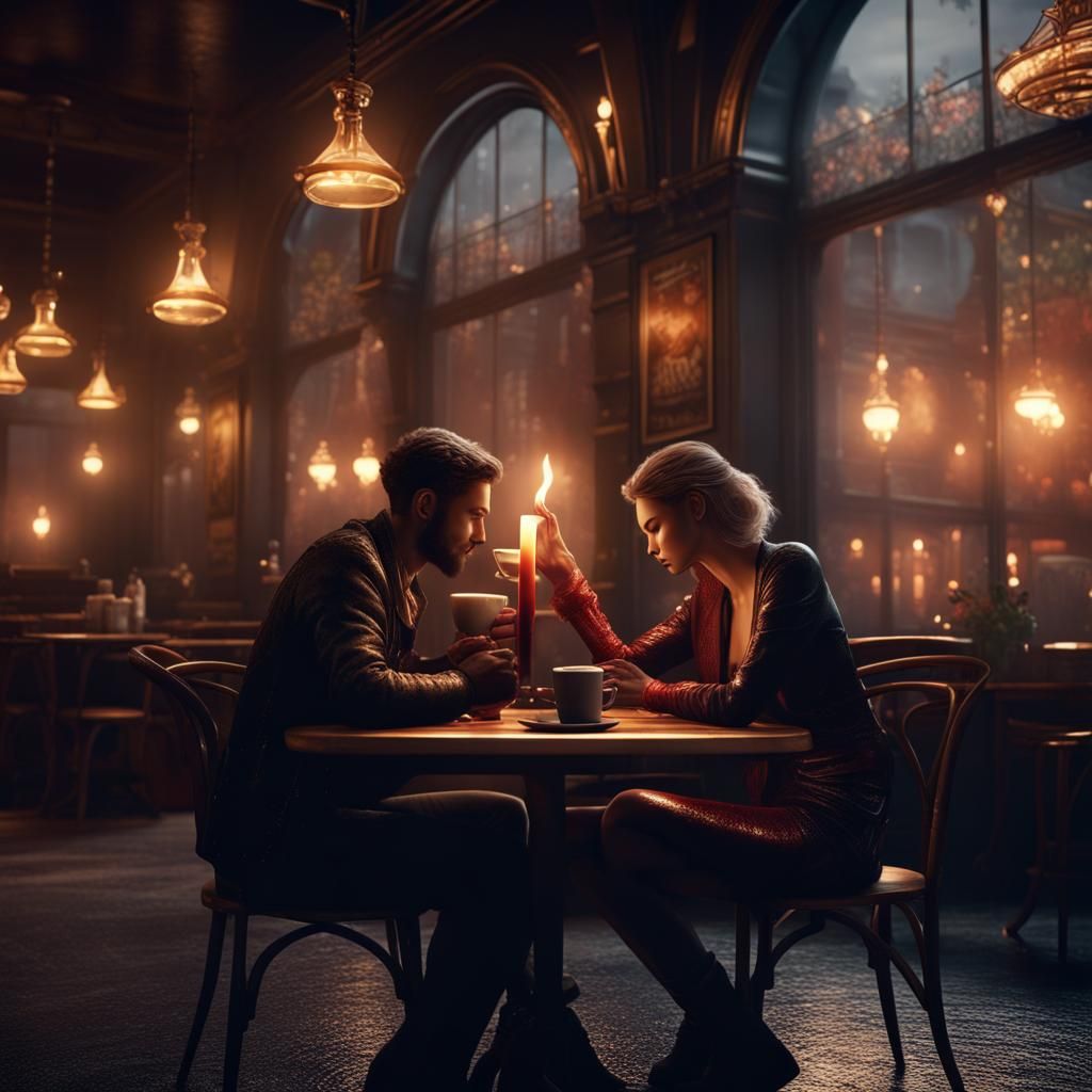 Cafe Lovers in Dim Light: Fantasy Concept Art