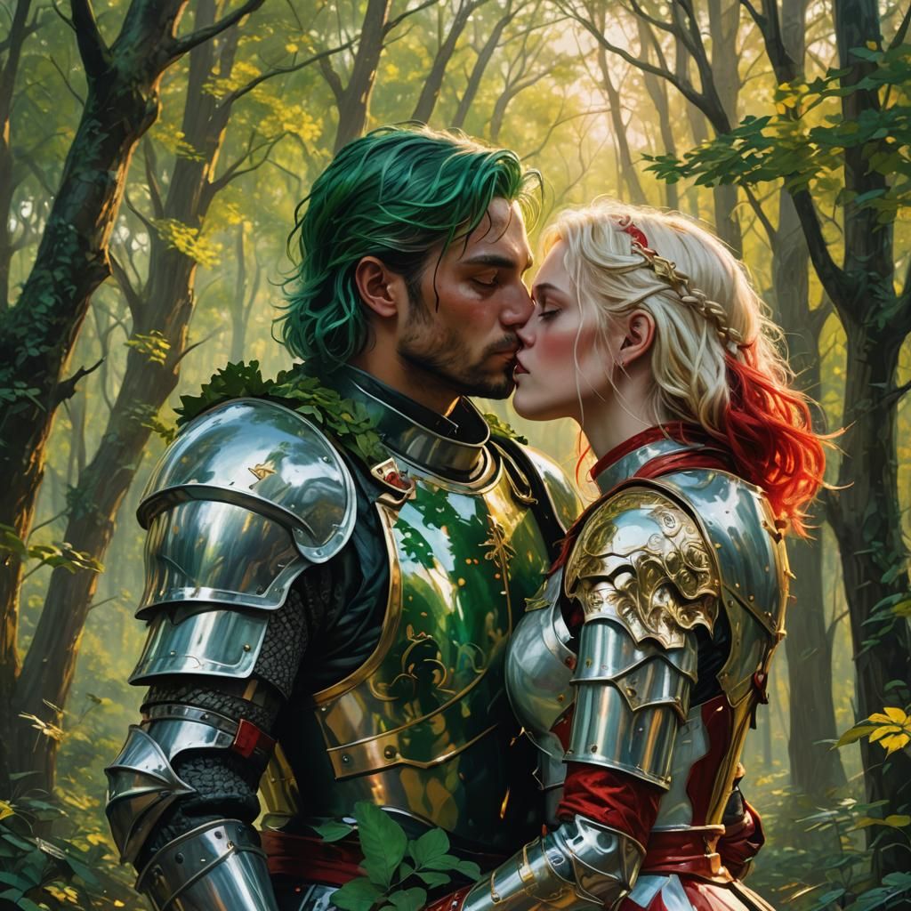 Knights' Passionate Kiss in Dystopian Surrealism