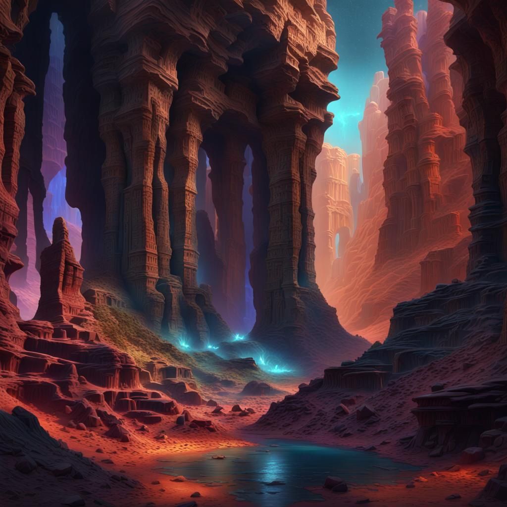 Psychedelic Canyon Ruins in Detailed Matte Painting