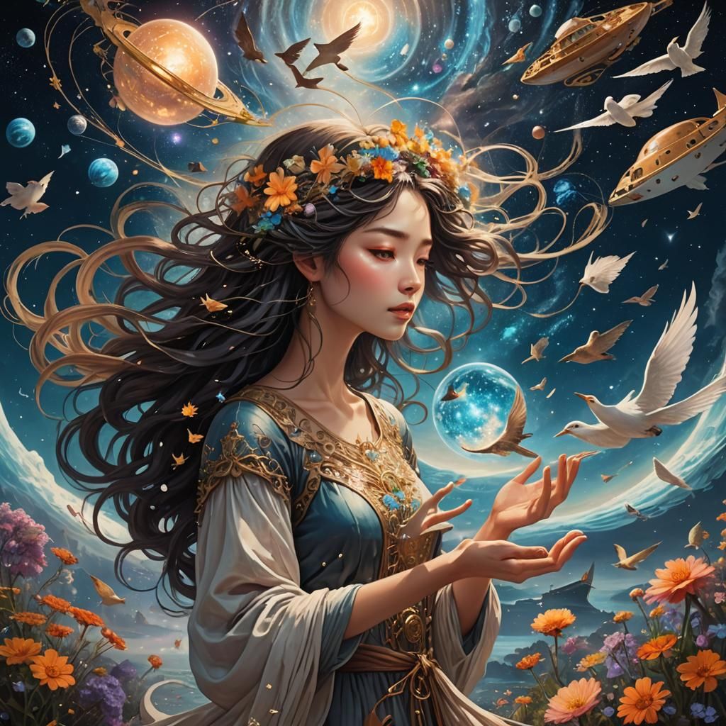 Woman Holding Universe: Surreal Fairytale Artwork