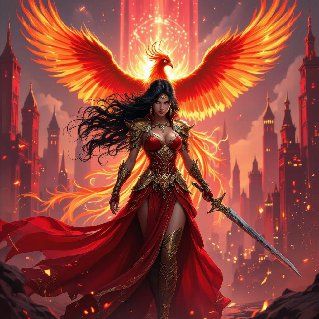 Warrior in Ruby City with Fiery Phoenix