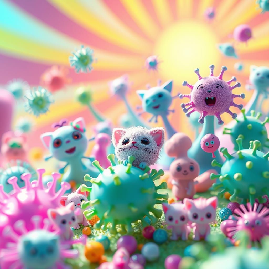 Cartoonish Bacteria and Viruses with Kittens in 3D