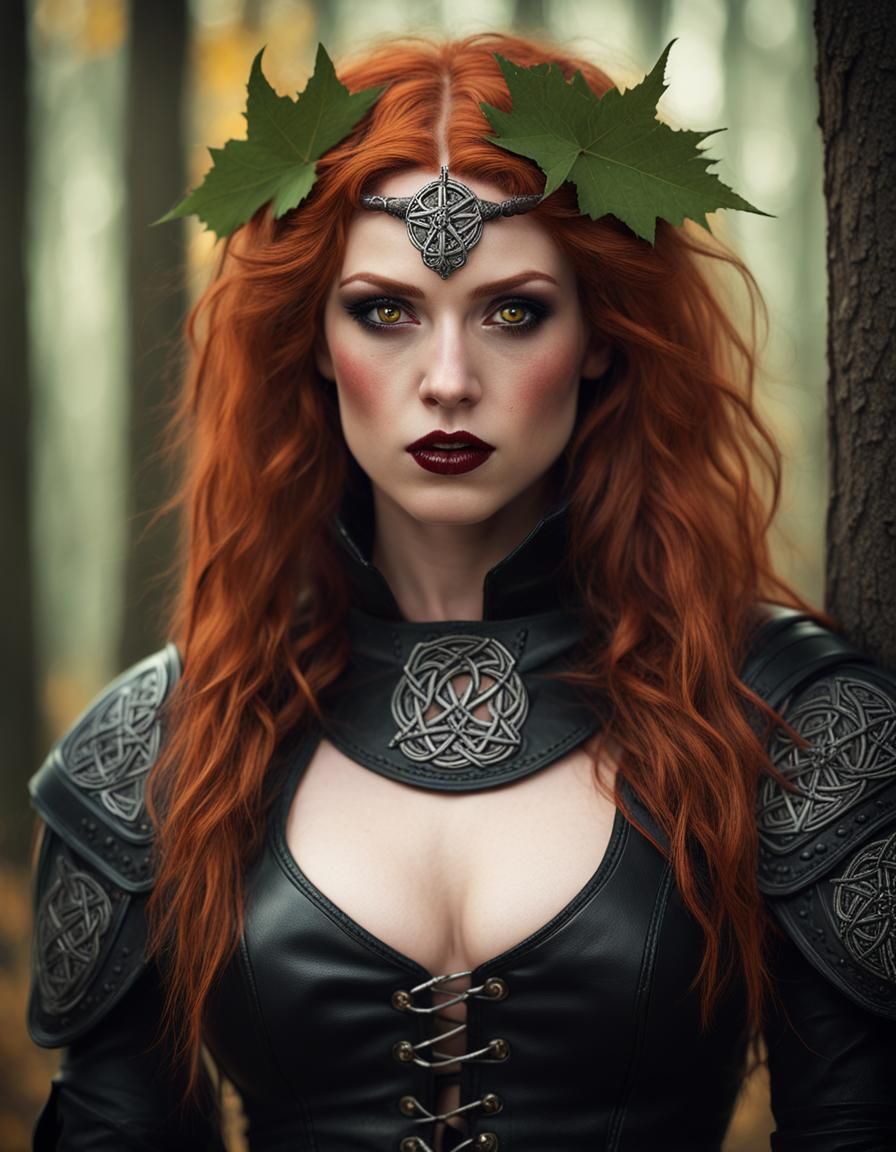 Spaniard redhead girl. Hazel orange eyes. Dressed as a vampi...