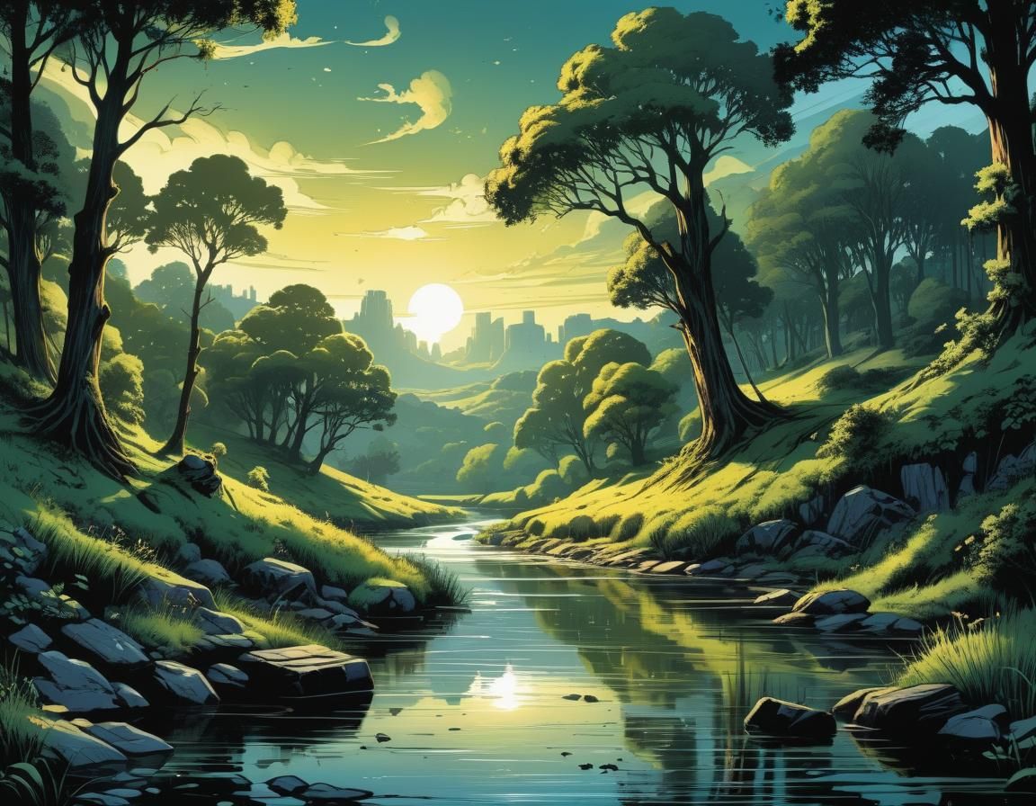 Summer River Landscape in Comic Book Art Style