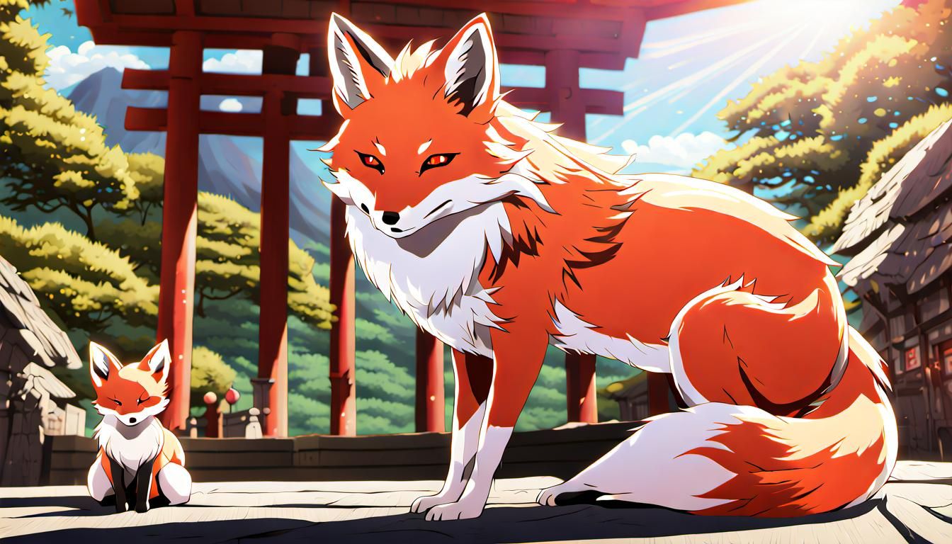 Japanese Nine-Tailed Fox Warming in Summer Sun