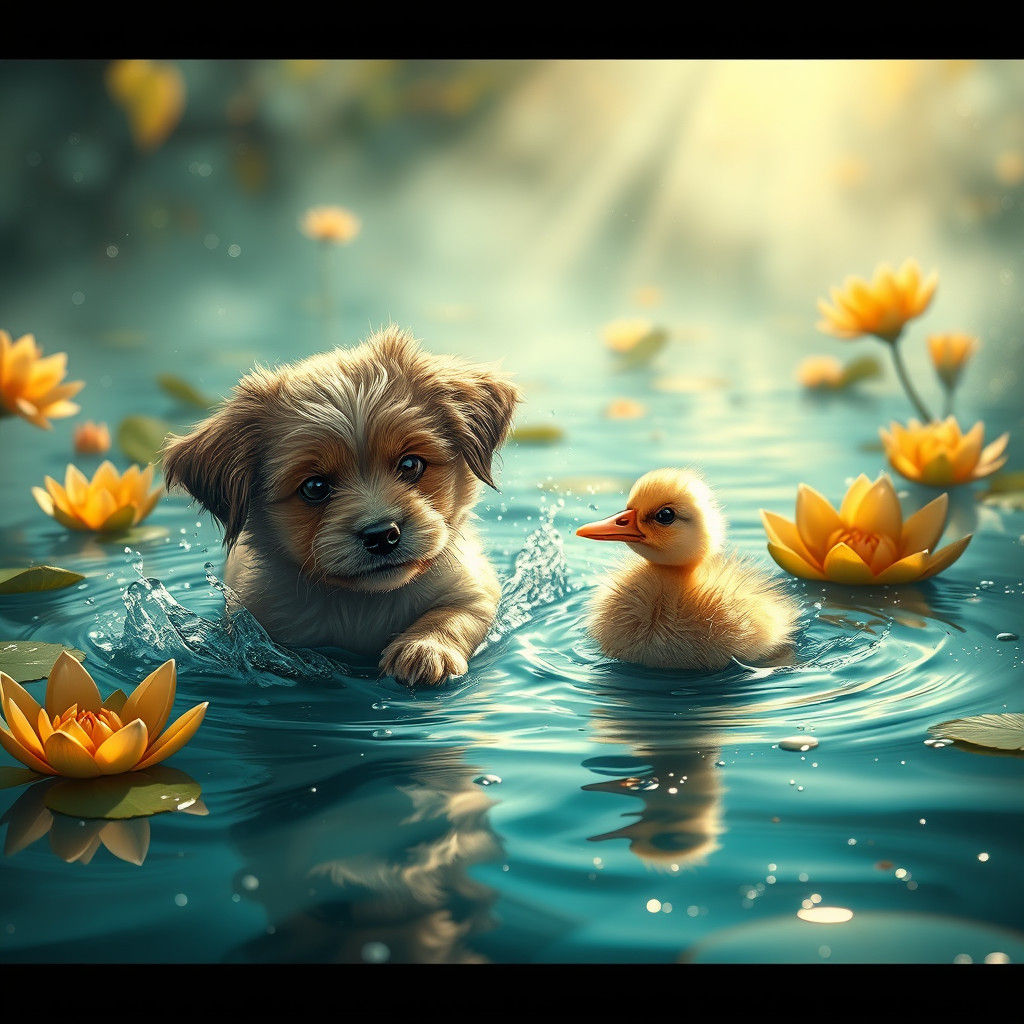 Puppy and Duckling Play in Dreamlike Waterscape