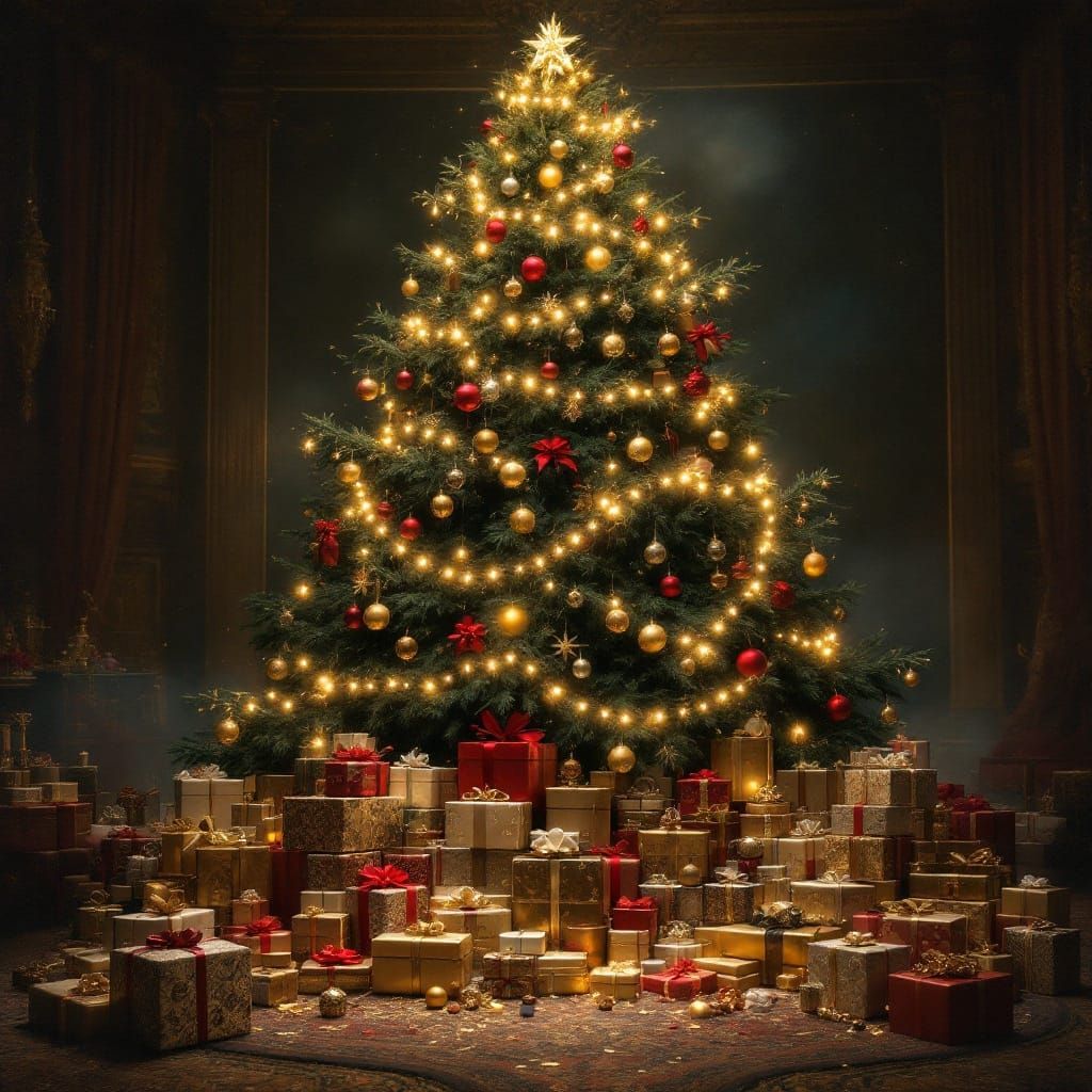 Lavish Christmas Scene with Majestic Tree and Sparkling Orna...