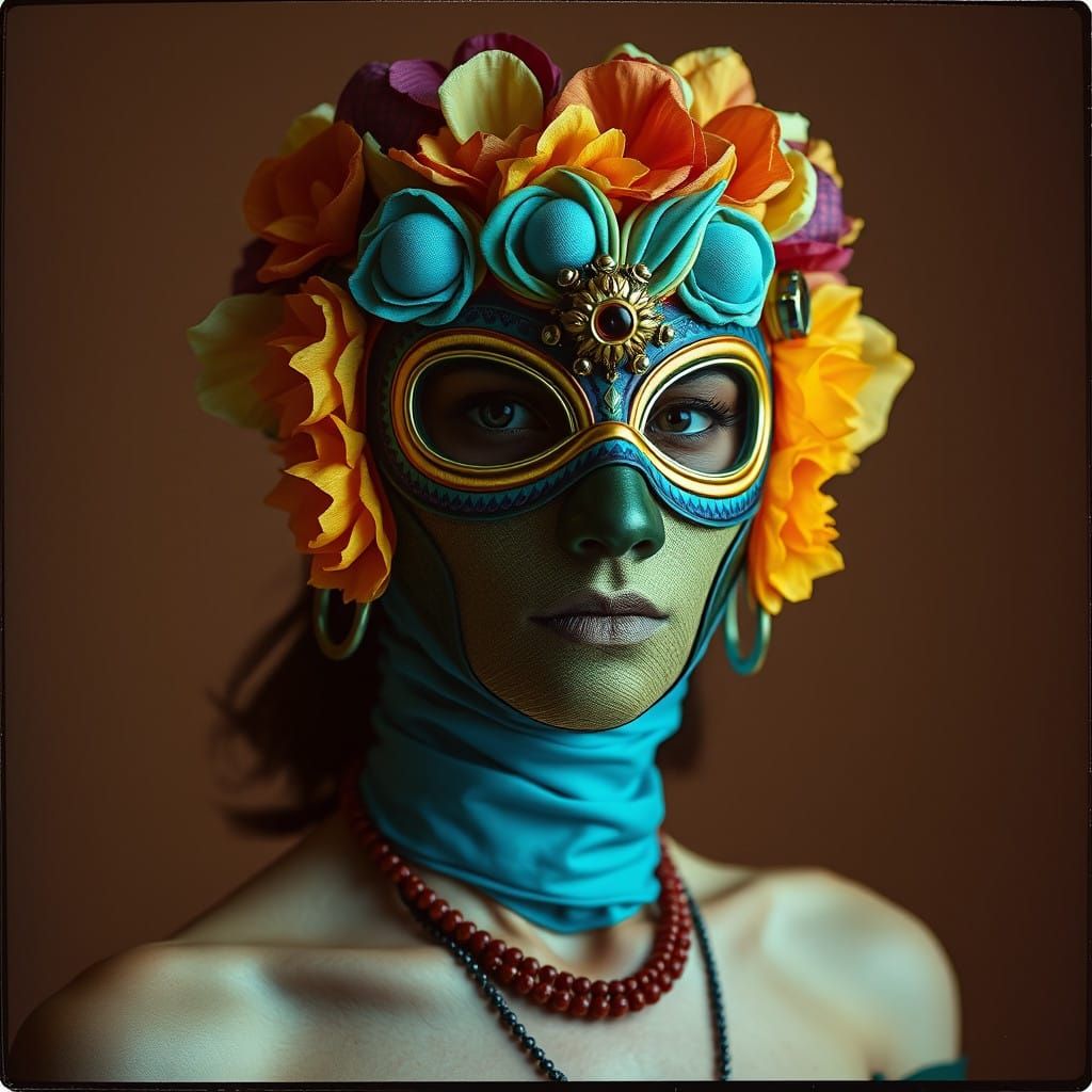 Woman in Vibrant, Futuristic Mask, Polaroid-Style