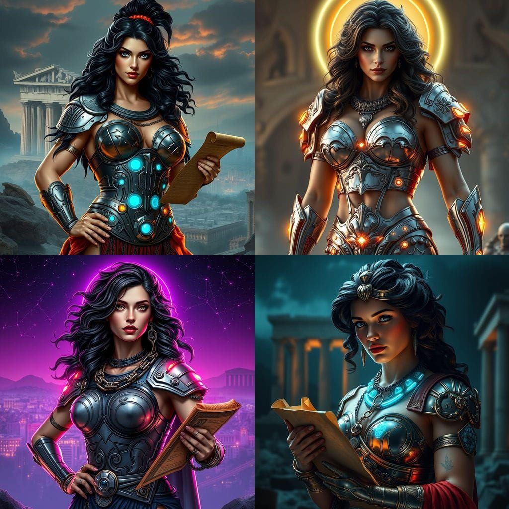 Sensual Greek Goddess in Cyberpunk Armor